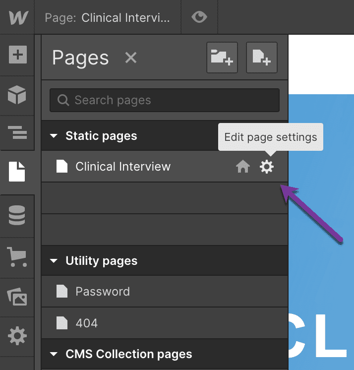 Webflow - Selecting edit page settings on the  Pages menu option