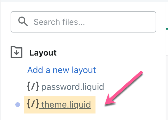 Selecting theme.liquid code under layout menu in Shopify