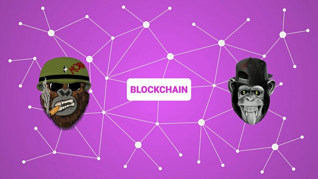 Picture of 2 Apes with the word BLOCKCHAIN in the middle 