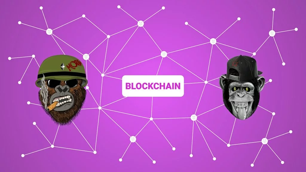 Picture of 2 Apes with the word BLOCKCHAIN in the middle. NFTs Online Courses