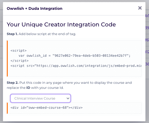 Owwlish Duda integration pop up setting with unique creator integration code