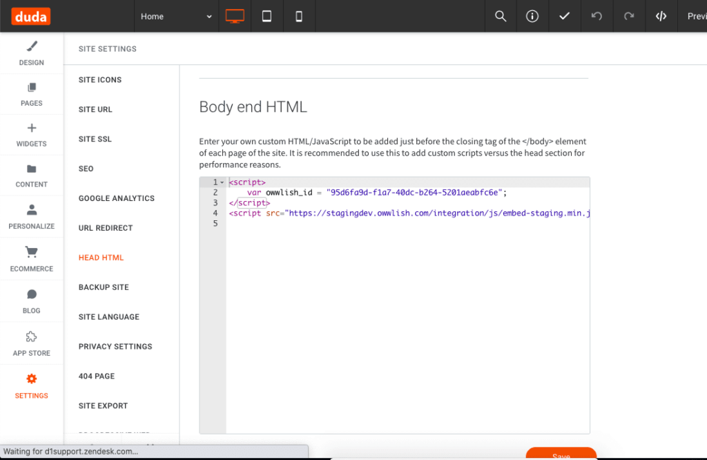 Owwlish course code embedded in Duda website in Body end HTML settings