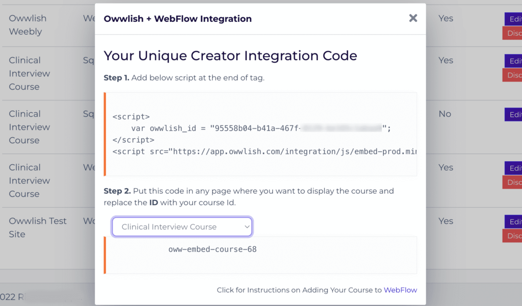 Owwlish Webflow Integration pop out settings with Unique Creator Integration Code