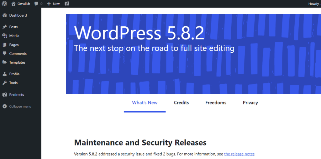 Screenshot of WordPress Admin after upgrading to version 5.8.2