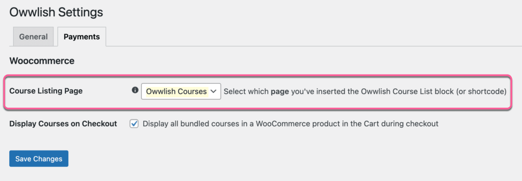 Selecting course listing page under Owwlish payment settings