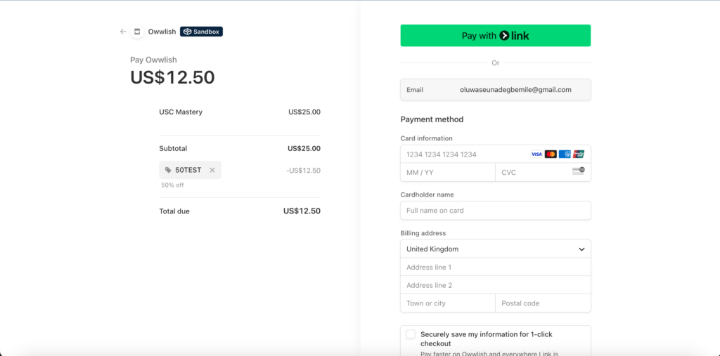 Coupon Code for Stripe Coupon code on Stripe's hosted checkout page for Owwlish online courses