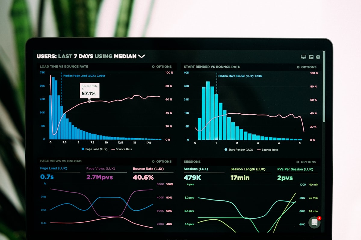 Email marketing analytics dashboard on a laptop screen showing campaign metrics and subscriber data for online course promotion
